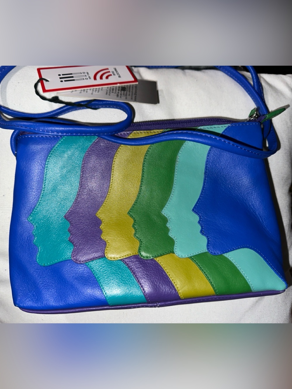 Ili New york Blue Leather Crossbody Bag with Multicolor Wave Accents